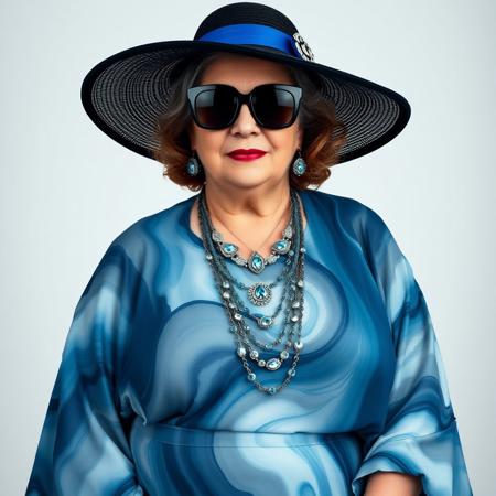 masterpiece portrait of elegant plus-size woman in ocean-themed ensemble::1.4, Sølve Sundsbø style::1.2, avant-garde fashion art::1.1,
(physical description: curvy mature buildgrandmother, Jewish, big nose, full lips, red lips, graying hair, short hair, curly hair, huge breasts:1.5, saggy tits, long breasts, elderly female, grandmother, large breasts, thick thighs, huge ass, big ass cheeks, saggy ass, cellulite, , soft fair skin, auburn wavy hair hidden under hat:1.1)
(facial features, expression: partially obscured by oversized black sunglasses, poised serene expression:1.0)
(clothing details: flowing multi-toned dress or kaftan with marbled swirls of blue, white, and navy, layered under a sheer kimono-style overlay in matching hues:1.0)
(accessories: wide-brimmed black hat with a cobalt blue band and silver embellishment, long layered necklace with silver and aquamarine details, silver bracelet on wrist:0.9)
(background setting: coastal promenade at sunset with waves crashing behind, dramatic sea spray mist in the air:0.9)
(lighting style: golden hour light with sun-dappled glow and soft shadows:0.8)
(composition and camera framing: full body shot, three-quarter profile, wind catching the fabric and hat brim:1.0)
(emotional tone or theme: ethereal grace meets seaside drama, “tropical mermaid” elegance:0.9)
(technical execution: high-resolution, soft fabric textures, light interplay on flowing garments, cinematic flair:0.8)