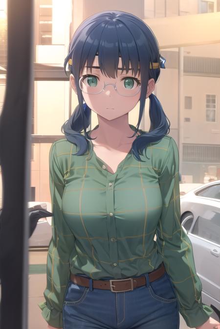 saorimakishima, <lora:saori makishima s2-lora-nochekaiser:1>,
saori makishima, twintails, blue hair, (green eyes:1.3),
BREAK shirt, glasses, belt, pants, headband, denim, jeans, plaid shirt, opaque glasses, (green shirt:1.2),
BREAK outdoors, city,
BREAK looking at viewer, (cowboy shot:1.5),
BREAK <lyco:GoodHands-beta2:1>, (masterpiece:1.2), best quality, high resolution, unity 8k wallpaper, (illustration:0.8), (beautiful detailed eyes:1.6), extremely detailed face, perfect lighting, extremely detailed CG, (perfect hands, perfect anatomy),