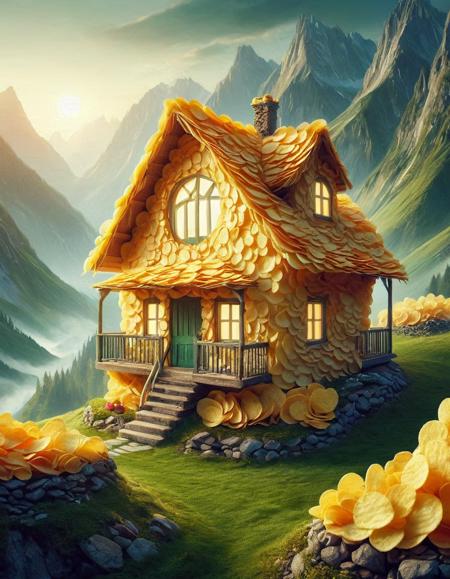a house made out of potato chips, lying on a green mountain, p1nkch1ps, <lora:PinkiePttChpsSDXL:1>