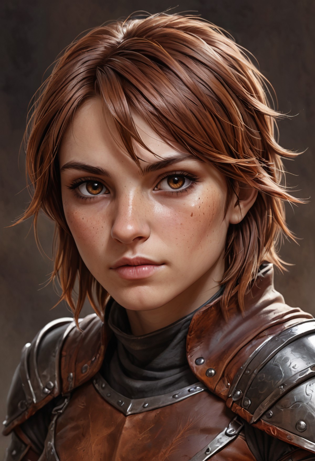 Fantasy Drawing, Half-Body Portrait, Young Female Rogue, Natural Unblemished Skin, Beautiful, Short Messy Chestnut Hair, W...