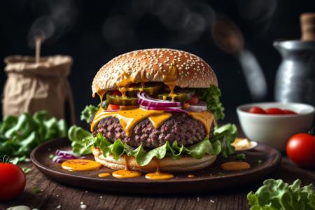 masterpiece, best quality,burger photo, food, food focus, no humans, realistic, still life, plate, burger, blurry, blurry background, tomato, depth of field, lettuce, onion, cheese