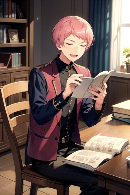 <lora:ShuItsuki-07:0.8>,shu_es, solo, smile, open mouth, shirt, 1boy, holding, jewelry, sitting, closed eyes, pink hair, male focus, belt, pants, indoors, bracelet, book, window, chair, phone, curtains, lens flare, open book