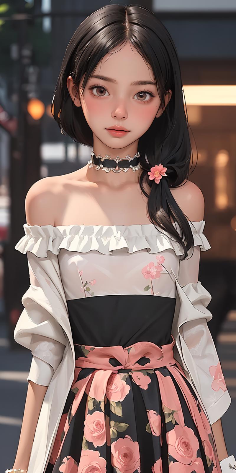 A computer-generated image of a young woman wearing a white and black dress with a black choker, pink flowers, and a pink bow.