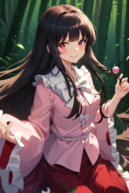 best quality, masterpiece, highres, solo, {houraisan_kaguya_touhou:1.15}, long_hair, black_hair, very_long_hair, bow, smile, bangs, red_eyes, brown_eyes, 1girl, bowtie, long_sleeves, looking_at_viewer, pink_shirt, red_skirt, shirt, skirt, white_bow, white_bowtie, wide_sleeves, frilled_shirt_collar, frills, branch, holding, sidelocks, hime_cut, jeweled_branch_of_hourai, blunt_bangs