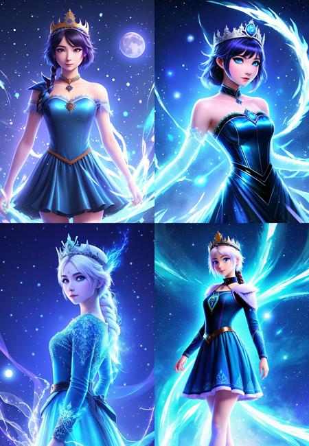 night, ((1 girl)), alone, masterpiece, 8k wallpaper, highres, absurdres, high quality background, short hair, black hair, multicolor hair, beautiful frozen village, (full bright moon), blue dress, detailed dress, jewelry dress, (magic:1.2), blue fire, blue eyes, glowing eyes, fire, ice goddess, (blue detailed beautiful crown), electricity, blue electricity, blue light particles