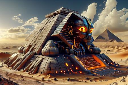 egypttech, A large robot Sphinx in the desert, 
The Mayan panoramas on my pyramid pajamas haven't helped my little problems.
