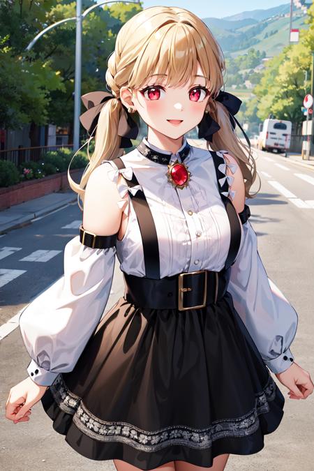 aatoto, long hair, low twintails, hair ribbon, black ribbon, earrings, brooch, bare shoulders, frills, white shirt, detached sleeves, suspenders, black skirt aatoto, short twintails, braid, beret, white headwear, hat bow, choker, sailor collar, blue dress, short sleeves, wrist cuffs