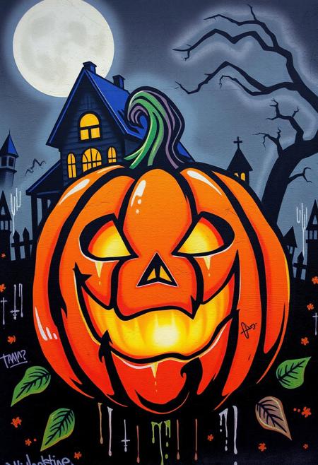 Graffiti art of a jack o lantern with a haunted house in the background, street art, mural, halloween, highres, good quality