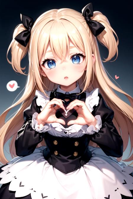 1girl, :o, bangs, black bow, black dress, blonde hair, blowing kiss, blue background, blue bow, blue dress, blue eyes, blush, bow, broken heart, dress, eyebrows visible through hair, hair between eyes, hair bow, heart, heart background, heart censor, heart cutout, heart hands, heart print, juliet sleeves, long hair, long sleeves, looking at viewer, parted lips, puffy sleeves, solo, spade \(shape\), spoken heart, two side up, very long hair