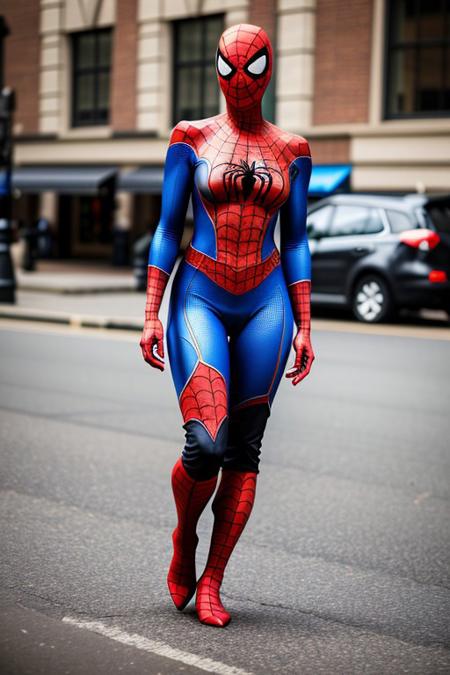 full body shot of beautiful spidergirl woman, showing skin on belly and thighs, overknee boots, high technology elements, spiderman style, hyper realistic