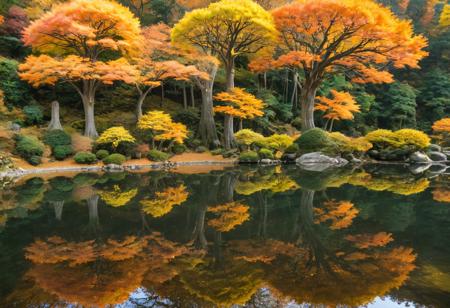 Stunning detail reflection of golden and orange katsura trees around a natural round lake, autumn, realistic, wide shot, art style of Studio Ghibli, magical, whimsical atmosphere, vibrant colors, beautifully lit, serene landscape