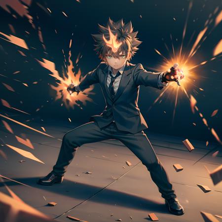 ((masterpiece, best quality)),(complex lighting),solo, full body, 1boy, tsuna,standing,green eyes, gloves, <lora:TsunaSawada1-10:0.8>,black suit, pants, black necktie, white shirt, fingerless gloves,destroyed debris background, fighting stance,