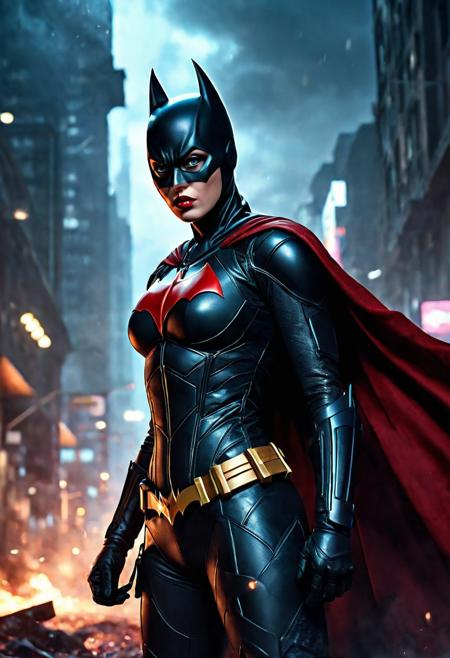 High resolution ultra-realistic of beautiful realistic Batgirl fighting against alien invasion, cinematic style, standing on a bloody and stormy battlefield in a fighting pose, bloody massacre, realistic modern combat costume, black mask, red cape, perfect athletic figure, wavy red hair, handsome dirty bloody face, beautiful perfect detailed pupils, wet oily shiny skin, covered in dirt and blood, beautiful firm Breasts, defiant and seductive, sexy 20 year old girl, 8k resolution concept art portrait by Greg Rutkowski, Dark Gotham City, realistic blue eyes, full body, Artgerm, WLOP, Alphonse Mucha, dynamic lighting, hyperdetailed, intricately detailed, Splash art trending on Artstation triadic colors, Unreal Engine, 5 volumetric lighting, Cinematic Lighting, intricate, smooth, sharp focus digital painting, Asymmetrical Balance, painting, dynamic lighting