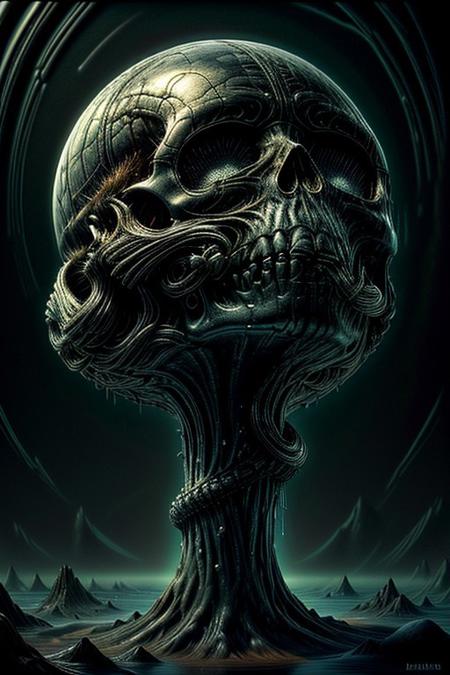 A close-up photorealistic image of a crystallic floating skull facing unique view with its mouth open, pouring from it's mouth a shimmering liquid resembling the universe onto the ground, filled with rich stars and swirling galaxies. A simple void background enhances the dark atmosphere, shrouded in fog, capturing the hypnotic flow and shimmer of the cosmic liquid,
