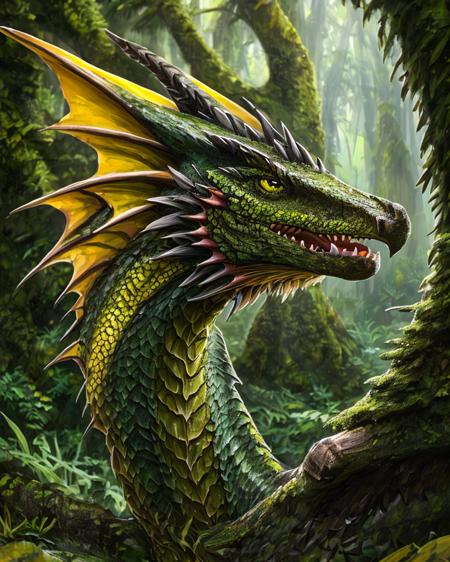 epic portrait painting of a curious forest dragon, detailed mossy scales, open mouth, yellow frills, beautiful rainforest background