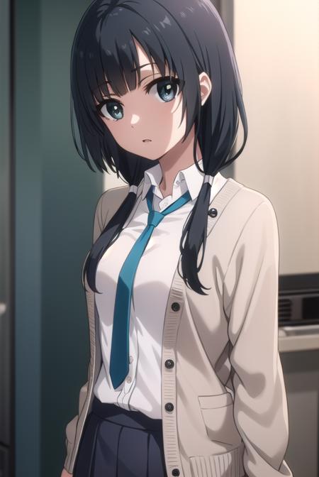 ema yasuhara, long hair, black hair, twintails, (black eyes:1.3), low twintails, skirt, school uniform, necktie, cardigan, shirt, grey shirt, black skirt, yellow cardigan,