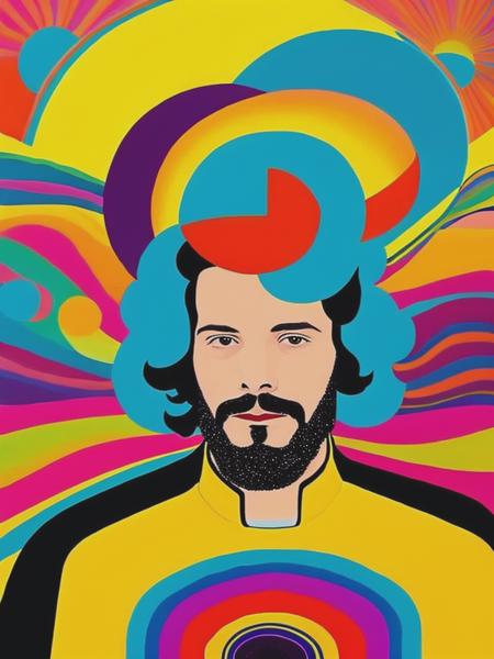 <lyco:VictorMoscoso:1.0> Father John Misty in the style of Peter Max, 1960s illustration, psychedelic, yellow submarine