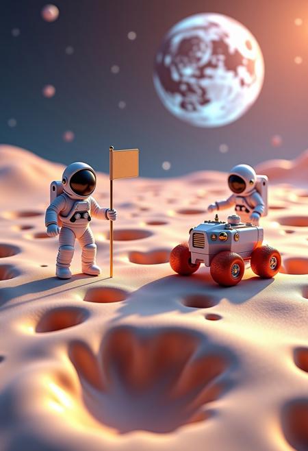 A highly detailed, cinematic-style digital illustration of a whimsical moon landing scene reimagined on a giant toasted marshmallow. The surface of the moon is soft, golden-brown with lightly scorched edges and gooey, melted marshmallow craters glistening under soft space light. Two astronauts in white, slightly stylized space suits bounce weightlessly on the pillowy terrain, one planting a flag into the marshmallow ground. A futuristic lunar rover made from shiny candy parts with licorice wheels and jellybean controls sits nearby. The distant Earth glows in a star-studded, pastel-colored sky, casting a gentle cosmic glow. Scattered chocolate-like meteor fragments dot the landscape. The lighting is dreamy and radiant, with warm highlights on the marshmallow textures and space gear, creating a magical and surreal atmosphere. Rendered in 3D style, with ultra-realistic sugary textures, soft focus depth of field, pastel tones, vibrant color grading, and an epic wide-angle composition evoking wonder and playfulness.
