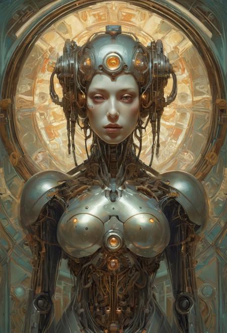 Cyborg android, fantasy, pre-raphaelite style, sinozick, Alphonse Mucha, Agostino Arrivabene, Peter Mohrbacher