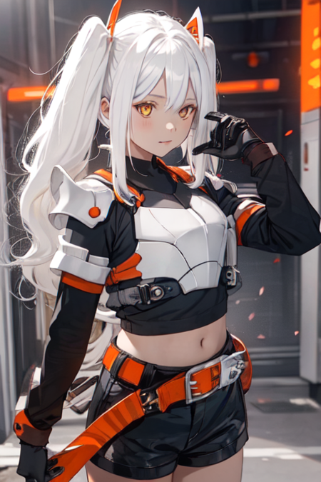 Geats, 1girl, solo, long hair, black gloves, twintails, yellow eyes, white hair, black shorts, armor, orange eyes, rider belt