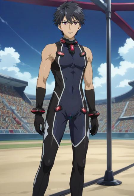 Hayato Kisaragi black hair red eyes sleeveless tight suit