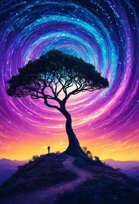 Cape Town in the Van Gogh style, starry sky, Dan Mumford, Andy Kehoe, In a swirling vortex of purple and blue hues, an android rises from the heart of a spiraling galaxy. Its metallic body glows with an ethereal light, as if infused with the essence of stars. The Impossible shapes surrounding it take on a life of their own, twisting and contorting in impossible ways, as if drawn by some unseen force. The camera's eye captures this surreal scene through the lens of a double exposure photograph, blending the android's presence with the celestial backdrop. As the sun rises over the horizon, its warm rays backlight the android, casting an otherworldly glow across, <lora:Flux_Turbo_Alpha.safetensors:1.0> <lora:special-style.safetensors:0.7> ethereal dreams, glowing ethereal visuals <lora:aidmaImageUprader-FLUX-v0.3.safetensors:0.4> aidmaimageupgrader