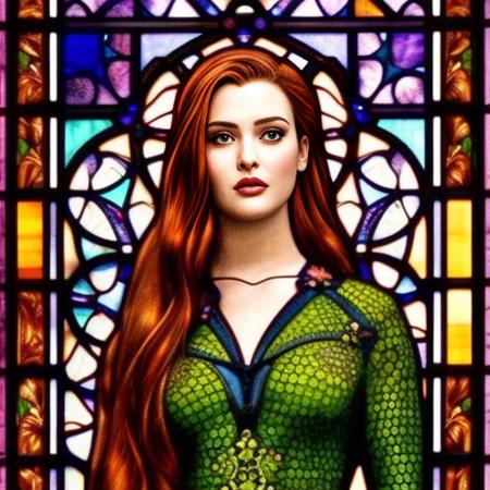 A stunningly detailed stained glass window of a beautiful kthrineLngFrdWhy as poison ivy (DC Comics character), with white skin, dark eyeliner, intricate, elegant, highly detailed, digital painting, artstation, concept art, sharp focus, illustration, art by greg rutkowski and alphonse mucha