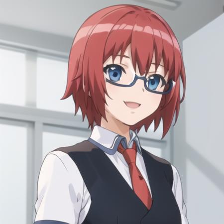 (masterpiece, best quality:1.2),illustration,8k,hd,1girl,solo,smile,short_hair,blue_eyes,school_uniform,red_hair,necktie,glasses,semi-rimless_eyewear,under-rim_eyewear,wristwatch,black_pants,black_vest,school_uniform,short_sleeves,<lora:Misaki Raika:0.8>,