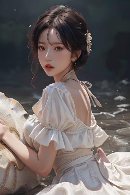 1girl,1 face,cosmetic textures,cosmetic features,Photorealistic,  Attractive Model Masterpiece, Artstation. 8k sharp focus, photorealism,nsfw,uncensored,white dress,xuer Large shell,stunning slim waist