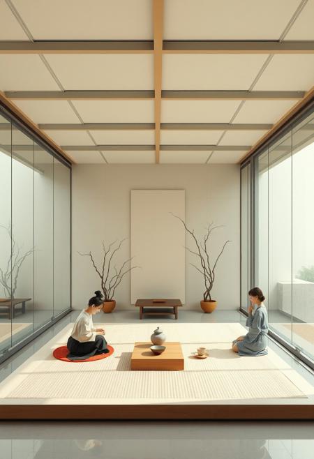 A tea ceremony taking place in a suspended, glass-walled space, where traditional rituals contrast with ultra-minimalist design,
minimalist architectural elegance, soft pastel ukiyo-e color palette, delicate elongated figures in ethereal modern structures, fluid calligraphic linework, floating geometric platforms, airy transparent walls, asymmetrical rhythmic composition, serene and poetic atmosphere