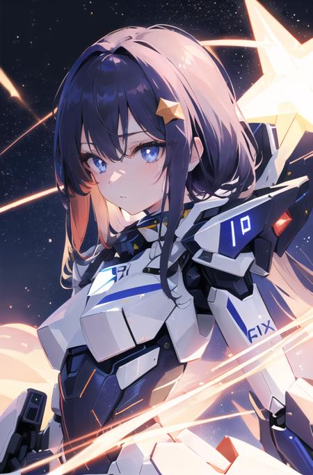 (pixiv best), (best quality), (extremly deatiled:1.3), [(star background:1.3)::5] hexagon, delicate, (detailed face:1.3), mecha, (1girl:1.2), epic, lights, stars, (mecha suit), mecha girl,  deep purple eyes, (epic eyes:1.45), faded dark blue wild hair, long bangs,