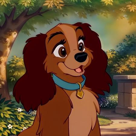 masterpiece, best quality,   <lora:Ladyv1.1:1>, cocker spaniel, solo, smile, open mouth, brown eyes, outdoors, collar, tree, domestic dog, lady \(ladyandthetramp\), dog ear, animal nose, dog, no humans, perfect eyes, detailed eyes, animal,