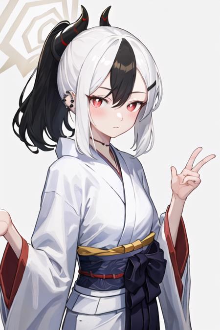 best quality, masterpiece, highres, solo, {white kimono:1.35}, {red hakama:1.35}, {wide sleeves:1.20}, {kayoko_bluearchive:1.15}, black_hair, multicolored_hair, white_hair, horns, two-tone_hair, red_eyes, bangs, halo, piercing, hair_between_eyes, ear_piercing, closed_mouth, ponytail, blush, earclip, hoodie, black_hoodie, upper_body, long_hair