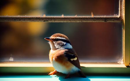 photo of a stupid cute chubby lil birb on the windowsill, kodachrome 400, bronica etrs