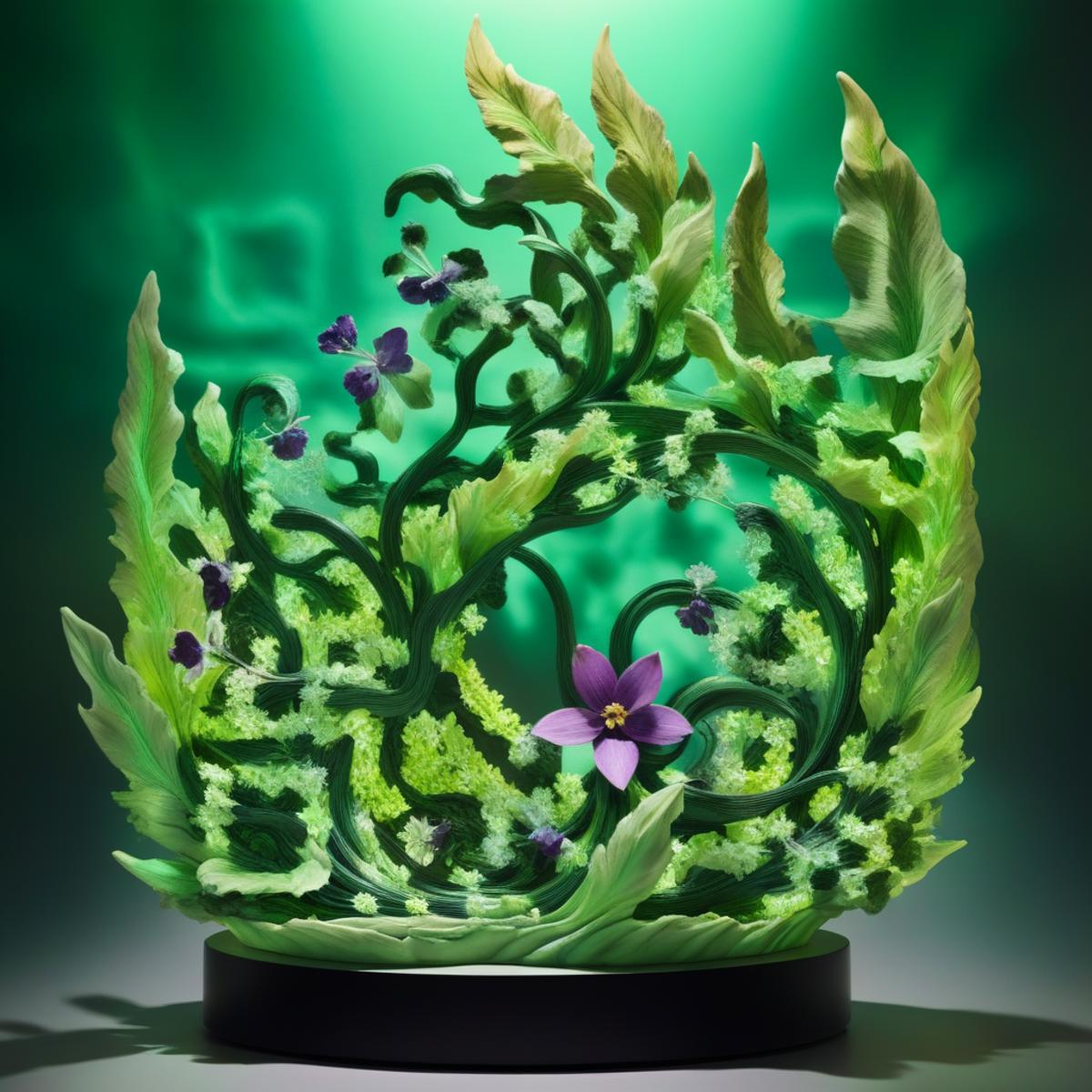 A Glass Art Sculpture of a Tree with Purple Flowers and Green Leaves.