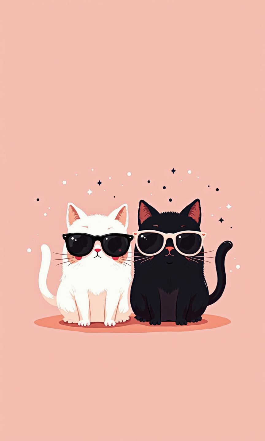 Close-up of two cartoon cats, likely intended for a phone wallpaper or social media post. 
The cats are stylized with large, expressive eyes and simple, rounded features. They are posed facing forward, slightly angled toward the viewer. The cat on the left is white, and the cat on the right is black. Both are wearing matching sunglasses with dark lenses and light-colored rims, adding to their fashionable aesthetic. The sunglasses are a prominent element. The face expressions of the cats convey a neutral, slightly cool vibe, with the mouths closed in a calm expression. 
The background is a solid, pastel pink, which provides a pop of color and keeps the focus on the cartoon characters. Small, simple, black dots are scattered across the background, creating a subtle texture. The cartoon style is simplistic with minimal shading, contributing to the overall softness of the image.
<lora:FLUX-daubrez-DB4RZ-v2:1> DB4RZ, DB4RZ style painting