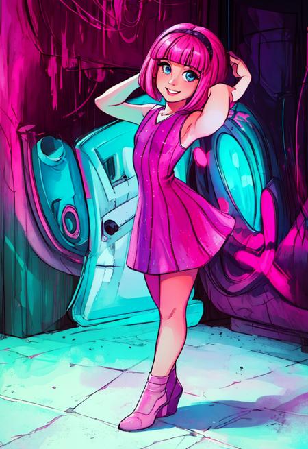 (masterpiece:1.4), (best quality:1.4), (high resolution:1.4), cartoon style, (((oil painting (medium)))), woman, Stephanie(LT) <lora:Stephanie(LT):1>, smile, looking at viewer, cinematic lighting, artstation female body, highly detailed, psychodelic colors background, neon colors, bright eyes, cute face, full body, solo, 1girl, dybamic pose, pale skin, pink hair, bob cut, (petite body), ribbon, pink and purple dress, small breasts, <lora:add_detail:1.1>