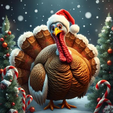 andromorphic turkey dressed as santa claus, christmas trees, candy canes, snow falling