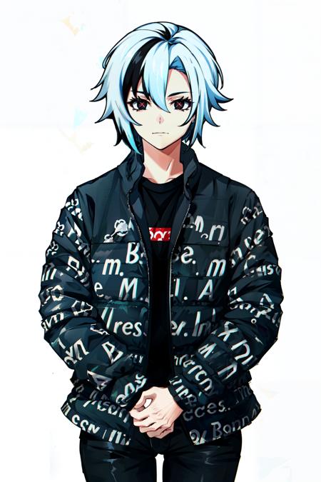 drip jacket,white background, shirt, closed mouth, open clothes, black pants, pants, 1girl,  black shirt, looking at viewer, open jacket, solo, own hands together <lora:drip_jacket:0.8> arlecchino(genshin impact),white hair , multicolored hair , black eyes , x shaped pupils , red pupils,short hair,<lora:arlecchino:0.7>,