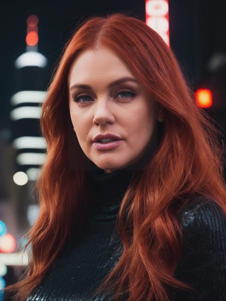 (sfw!), (closeup:1.2!), maitward, A RAW photo of an extremely sexy redhead woman, long flowing hair, (yellow turtleneck dress:1.2!), (futuristic_city_street with neon_lights!), (skyscrapers), (raining!), HDR, UHD 8K, full detail, detailed face, soft lighting, film grain, photorealistic, 8K, UHD, DSLR, (cinematic:1.4), <lora:epiNoiseoffset_v2:0.6>,  <lora:add_detail:0.6>