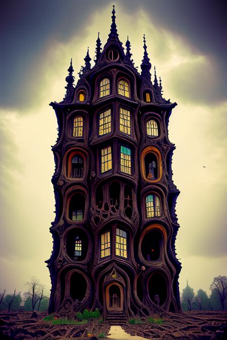 building, gothic, gothbuilding style, goth, horror, creepy, no humans, tree, scenery, house, window, outdoors, traditional media, bare tree