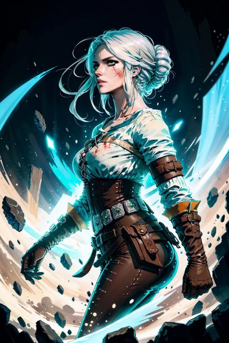 (masterpiece, best quality:1.2), <lora:ciri-18V2:0.7>, ciriW3_soul3142, 1girl, solo, breasts, short hair, green eyes, glowing eyes, white hair, shirt, gloves, white shirt, parted lips, belt, pants, hair bun, from side, blood, glowing, looking up, brown gloves, brown pants