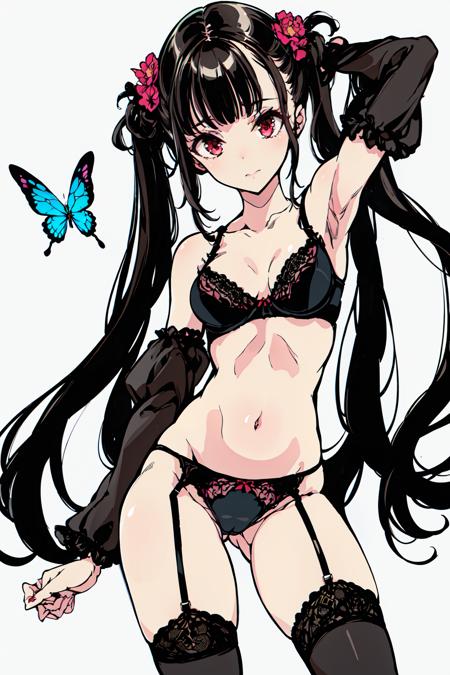 masterpiece, intricate detail,best quality,  <lora:ytcr:0.8>1girl, thighhighs, solo, long hair, breasts, ass, bug, black hair, underwear, armpits, twintails, butterfly, red eyes, looking at viewer, bra, black thighhighs, medium breasts, garter straps, very long hair, lingerie, collarbone, floral print, cleavage, white background, detached sleeves, black bra, arm up, simple background