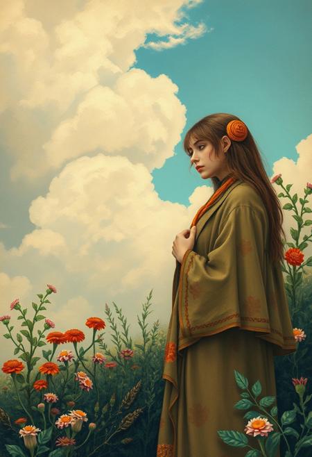 Seeking Peace From Worldly Endeavors,cloudy sky,  iconic album cover style, nature-inspired camouflage, Japanese prints influence, light cyan and amber tones, Pre-Raphaelite aesthetic, colorful gardens, charming illustrations, intricate details, soft painterly textures, dreamlike atmosphere, vintage elegance, storytelling composition, rich color palette, harmonious blend of nature and portraiture