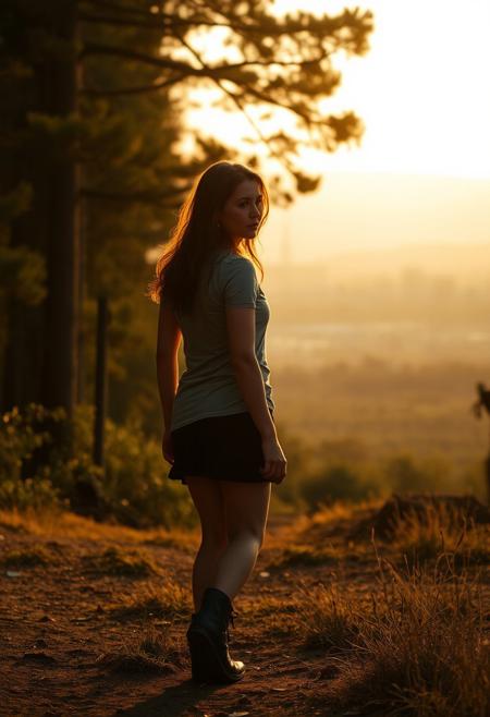 lone roguish female figure, walking away, glancing over shoulder, distant cityscape, transitioning from forest to urban environment, golden light of early morning or late afternoon, cinematic, journey progression, emotional warmth, subtle glance, candid, moment of doubt or hesitation, reflection on the journey, (forest in the background:1.2), city on the horizon, inviting introspection, natural light, dramatic lighting, depth of field, (captured naturally:1.2), (detailed background:1.3), (photorealism:1.4), 8k UHD, (blurry:-1.3), (lowres:-1.5), (ugly:-1.2), (mutated:-1.4), (worst quality:-1.4), (bad anatomy:-1.3), (cartoon:-1.1), (sketch:-1.1), (distorted proportions:-1.3), (extra limbs:-1.5), (cgi:-1.4), (extra characters:-1.5), (savanna:-1.4)