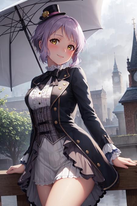 (masterpiece, best quality:1.4), looking at viewer, cowboy shot, smile, blush, mizuki makabe, purple hair, short hair, yellow eyes, jacket, puffy sleeves, mini top hat, outdoors, cityscape, rain, grey sky, fog, victorian, steampunk, european architecture, <lora:mizuki_makabe_v1:0.7>