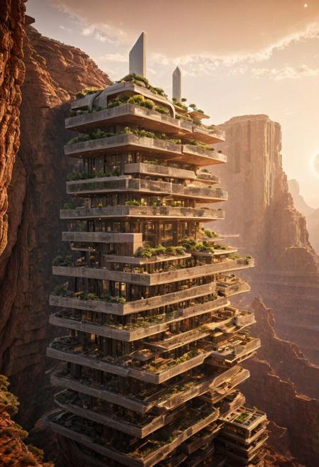 (The colonial city of the future, in the mist-filled Grand Canyon, on an unknown Earth-like planet, 2 moon on sky, Spaceship flight connects colonies:1.3), (Richard Meier:1.2), (Mario Botta:1.3), (avant-garde, future, reality, science fiction, photorealistic), (modern architecture:1.2), 
(Large Files, Ultra Realistic, 8K, 16k, FHD, HD, VFX, Perfect, Photography, composition, Architecture Sales Photography, Architecture Competition, Ultra High Resolution, Cinematography, High Resolution Image:1.1), (dramatic lighting, direct sunlight, ray tracing, clear shadow:1.2),  (real landscape:1.1), (blurred background:1.0), (urban background, more_details) ,
ac_neg1, great lighting, clear, xtower, industrialbuilding, futureskyline, stacked