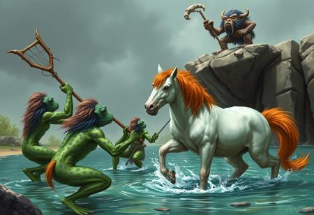 Fantasy art style. Lanky, toad-like bipeds frog monsters spotted green and blue skin with navy blue mane, frantically trying to use a heavy net to capture a white mare with orange mane and tail. A stump from a cut off horn protrudes from the mare’s brow. High above the pool, a goblinoid bugbear bellows orders from a rocky bluff, marshaling the toad-like creatures against their unseen assailants.