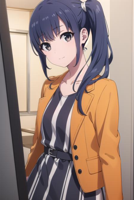 midori imai, long hair, black hair, blue hair, (black eyes:1.3), side ponytail, dress, pantyhose, striped dress, jacket, orange jacket,