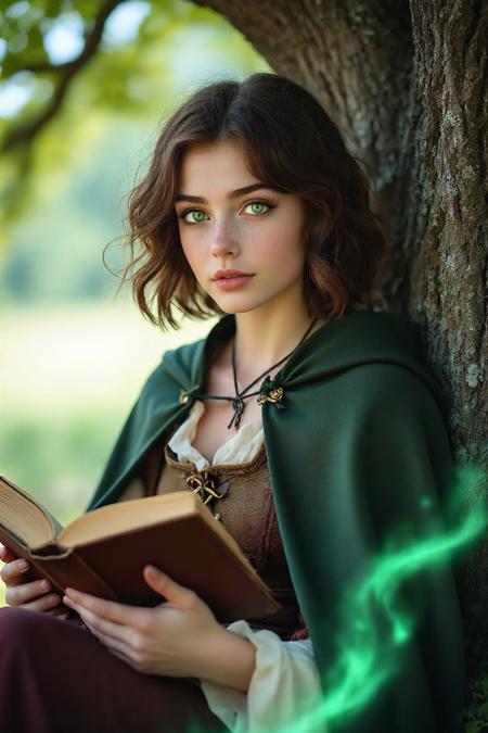 Full-body high-resolution photograph of a 19-year-old girl pirate sitting under a tree, reading a book. She has short wavy brown hair, green eyes, and a flowing cape gently blown by the wind. One corner of her lips is raised in a confident smirk. Soft green illusions subtly swirl around her, hinting at her mysterious power. Her facial features are inspired by the bright eyes, sharp jawline. forest background.Photographed with a cinematic 50mm lens